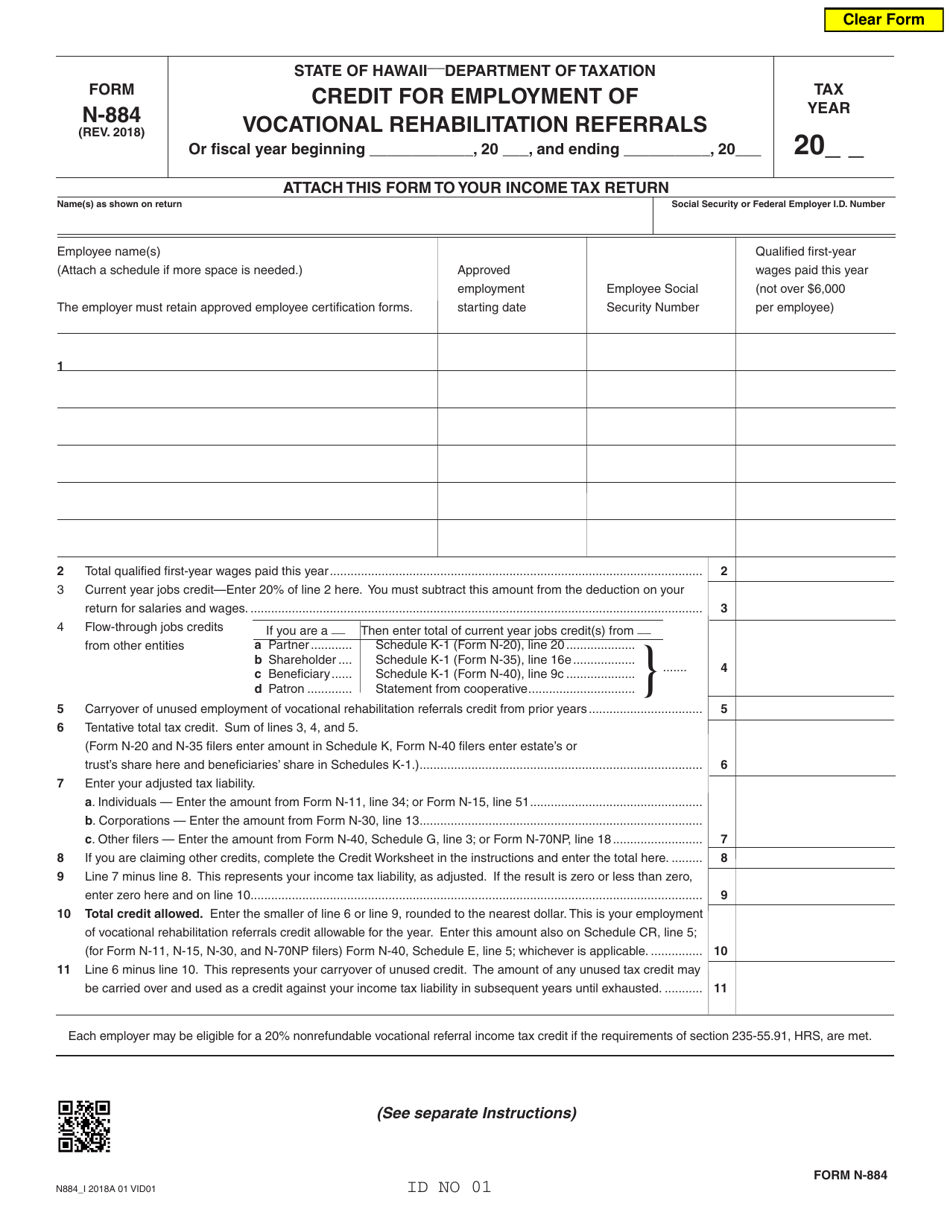 Form N-884 Credit for Employment of Vocational Rehabilitation Referrals - Hawaii, Page 1