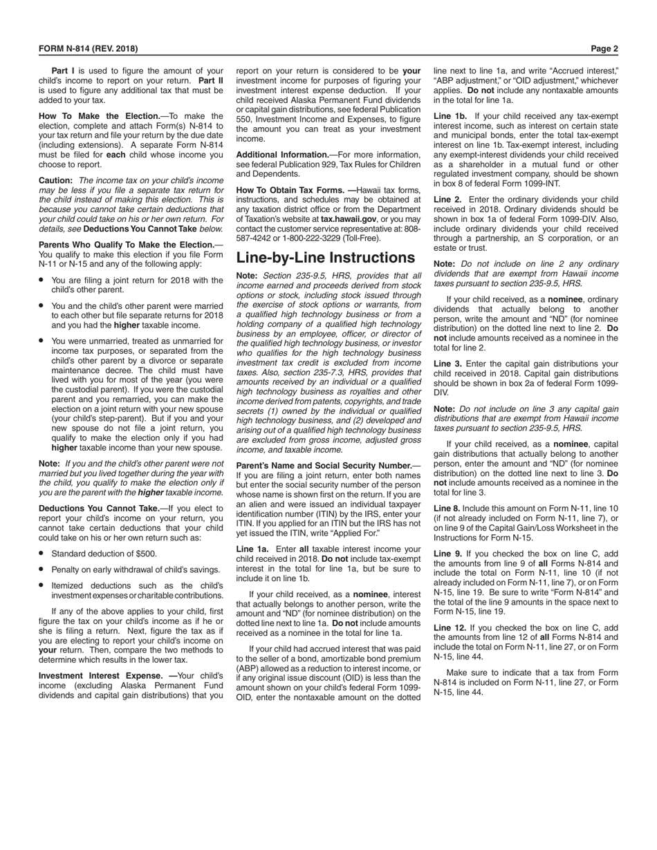 Form N-814 Parents Election to Report Childs Interest and Dividends - Hawaii, Page 2