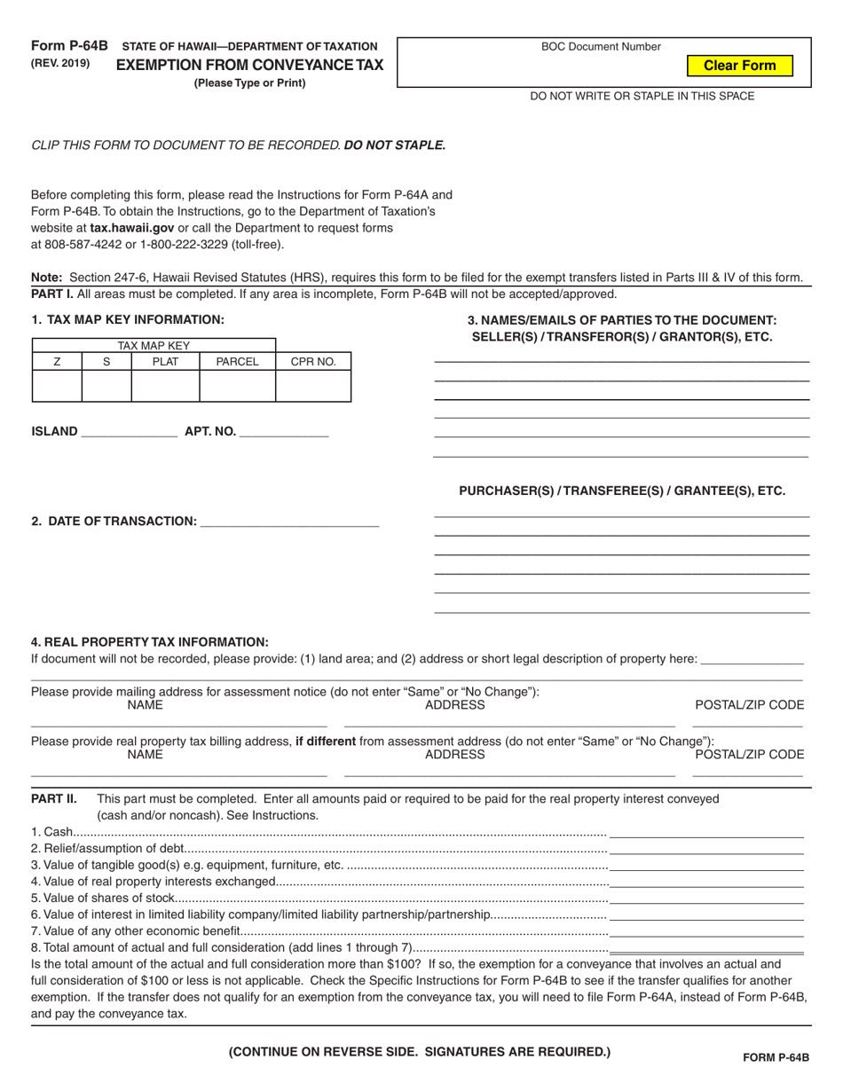 Form P-64B Exemption From Conveyance Tax - Hawaii, Page 1