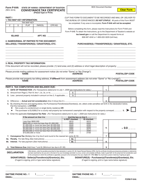 Form P-64A Conveyance Tax Certificate - Hawaii