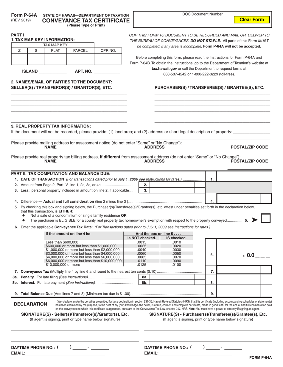 Form P-64A Conveyance Tax Certificate - Hawaii, Page 1