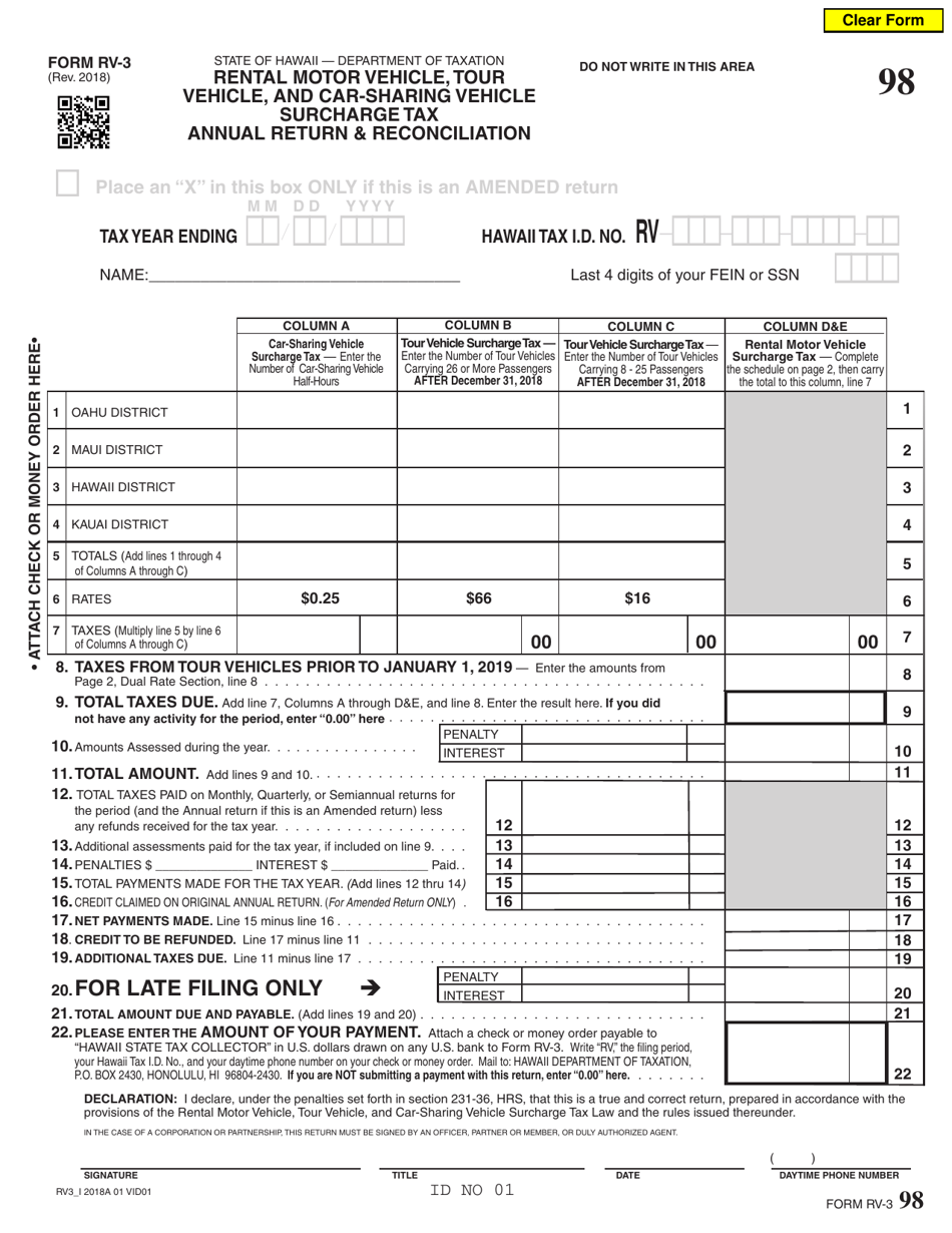 Form RV-3 Rental Motor Vehicle, Tour Vehicle, and Car-Sharing Vehicle Surcharge Tax Annual Return  Reconciliation - Hawaii, Page 1