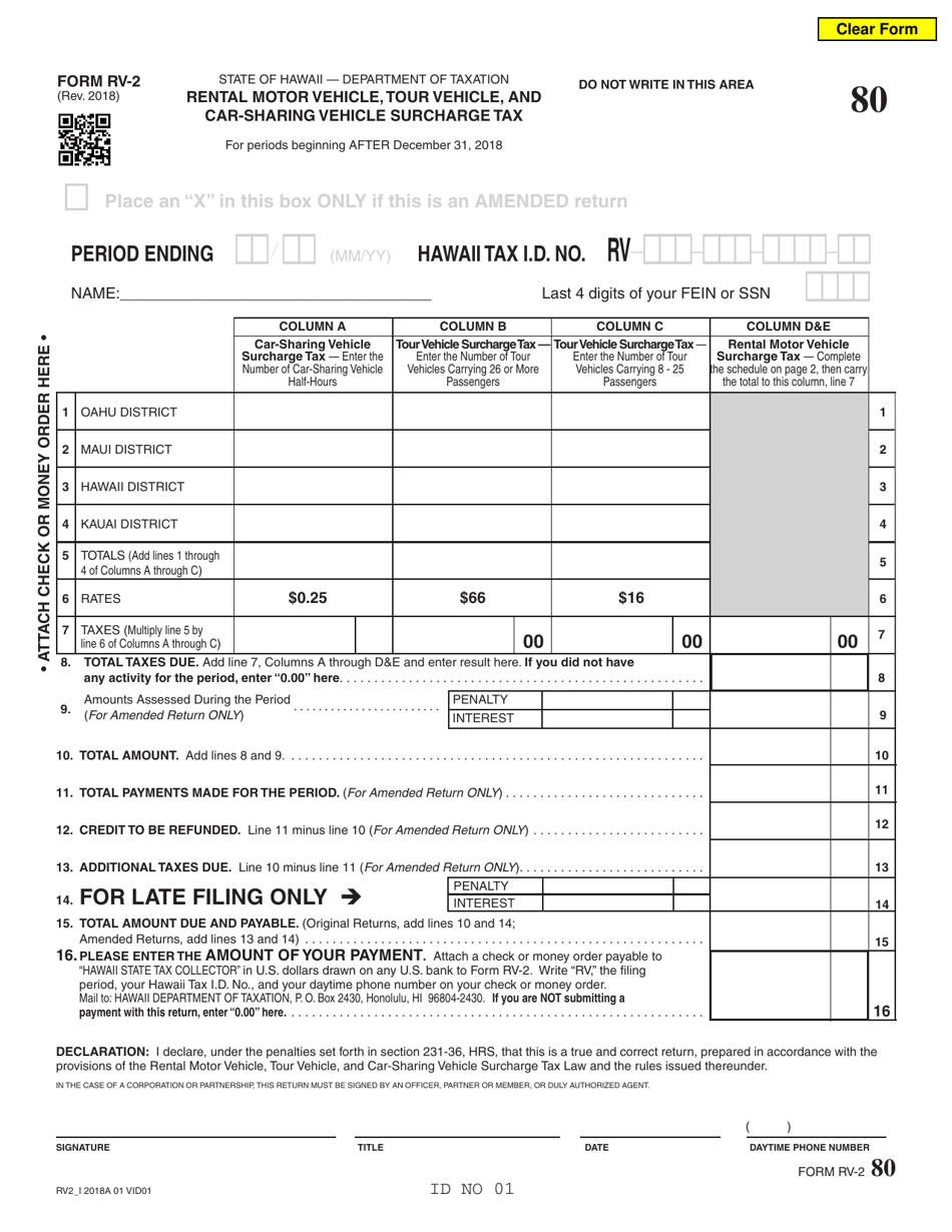 Form RV-2 Rental Motor Vehicle, Tour Vehicle, and Car-Sharing Vehicle Surcharge Tax - Hawaii, Page 1