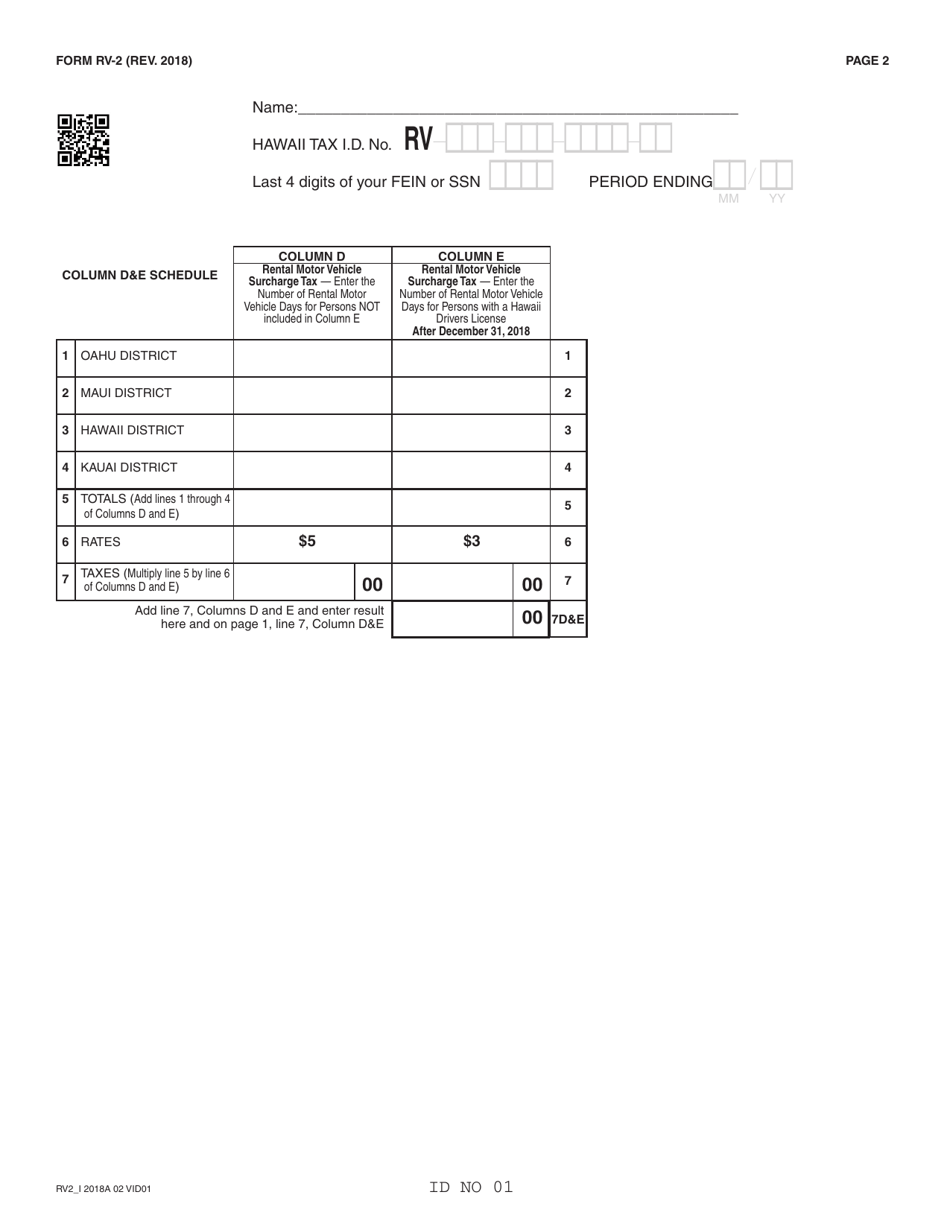 Form RV-2 Rental Motor Vehicle, Tour Vehicle, and Car-Sharing Vehicle Surcharge Tax - Hawaii, Page 2