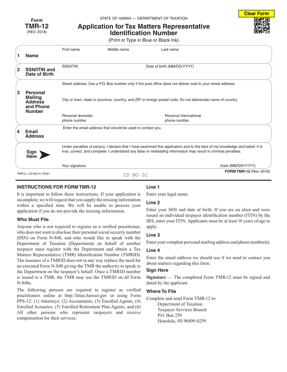 Form TMR-12 Application for Tax Matters Representative Identification Number - Hawaii, Page 1