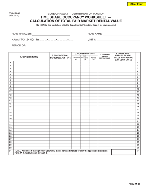 Form TA-42 Time Share Occupancy Worksheet " Calculation of Total Fair Market Rental Value - Hawaii