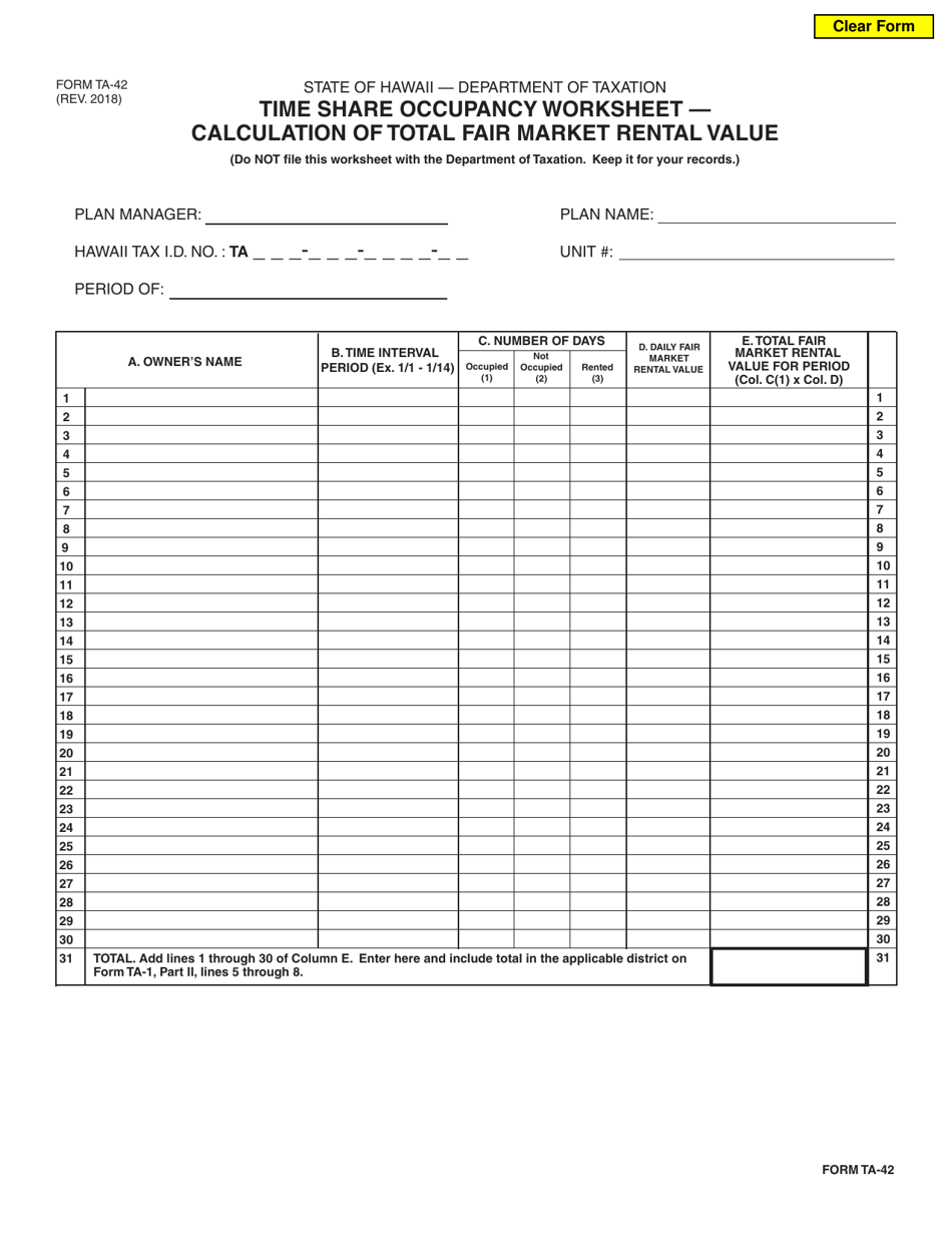 Form TA-42 Time Share Occupancy Worksheet  Calculation of Total Fair Market Rental Value - Hawaii, Page 1