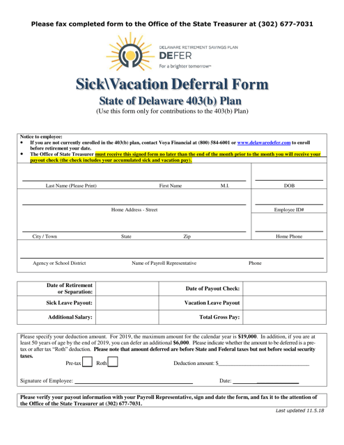 Delaware 403(B) Plan Sick vacation Deferral Form - Delaware Download Pdf