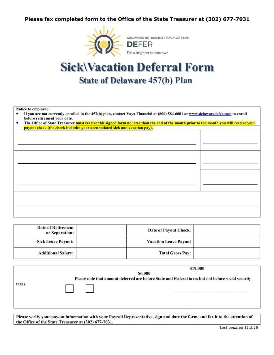 Delaware 457(B) Plan Sick vacation Deferral Form - Delaware, Page 1