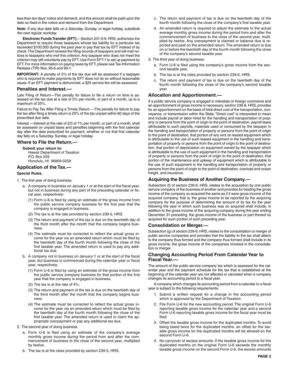 Instructions for Form U-6 Public Service Company Tax Return - Hawaii, Page 3
