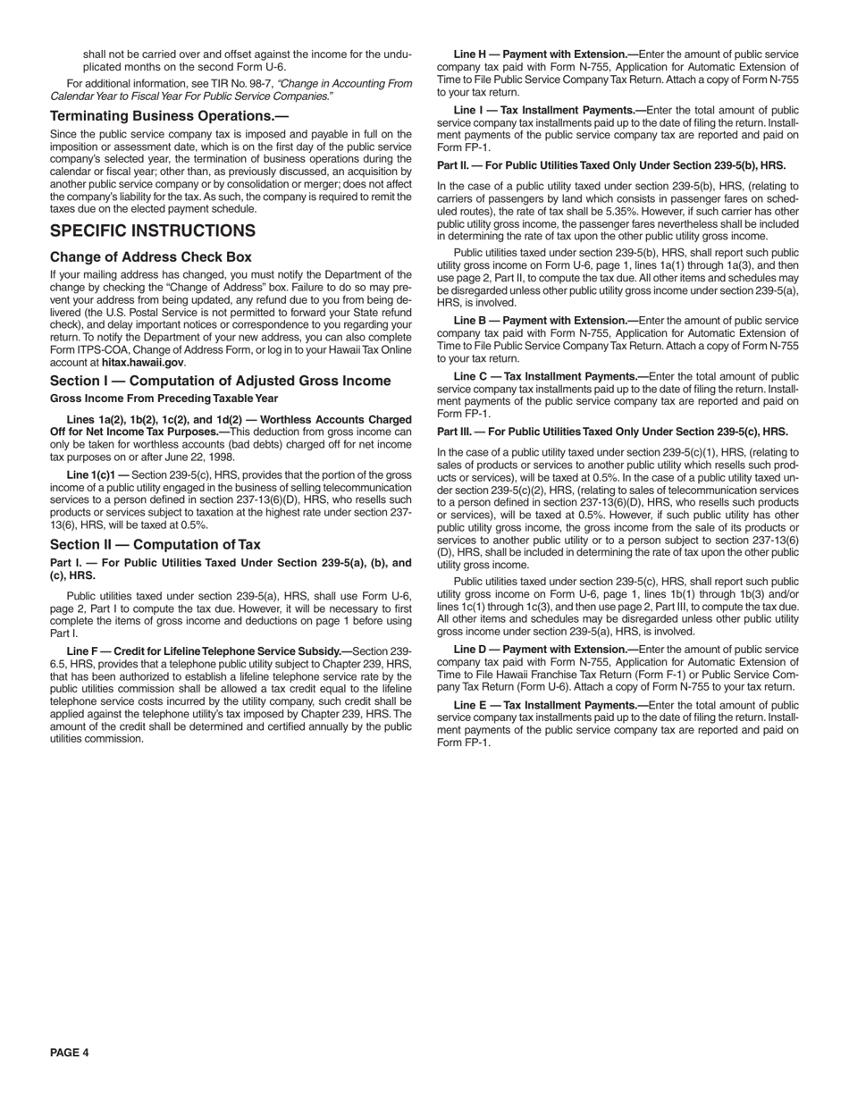 Instructions for Form U-6 Public Service Company Tax Return - Hawaii, Page 4