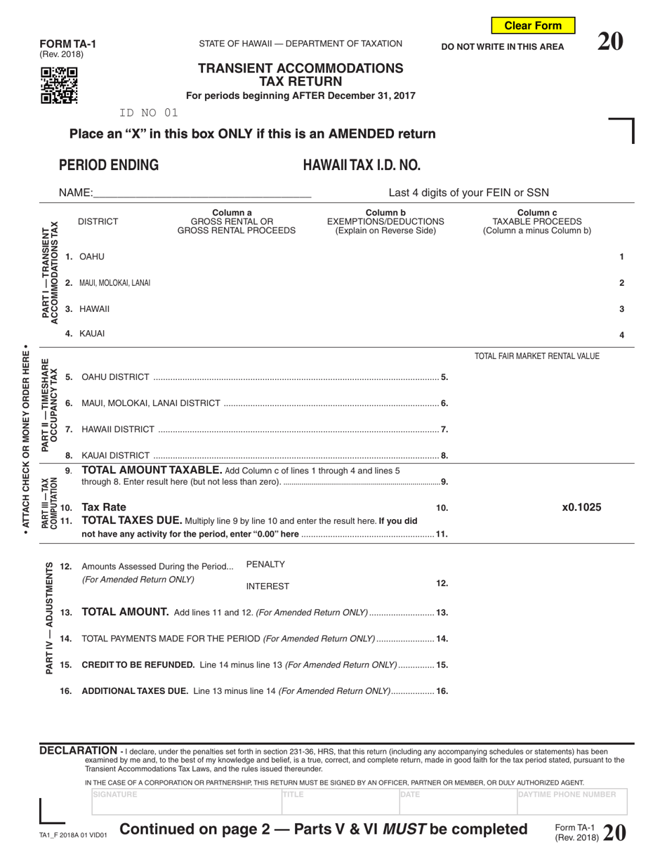 Form TA-1 Transient Accommodations Tax Return - Hawaii, Page 1