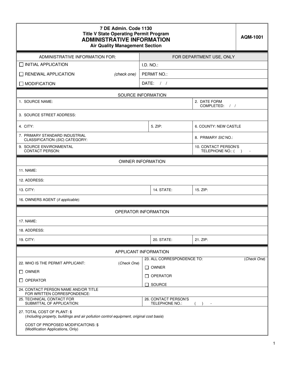 Form AQM-1001 Title V State Operating Permit Program Administrative Information - Delaware, Page 1