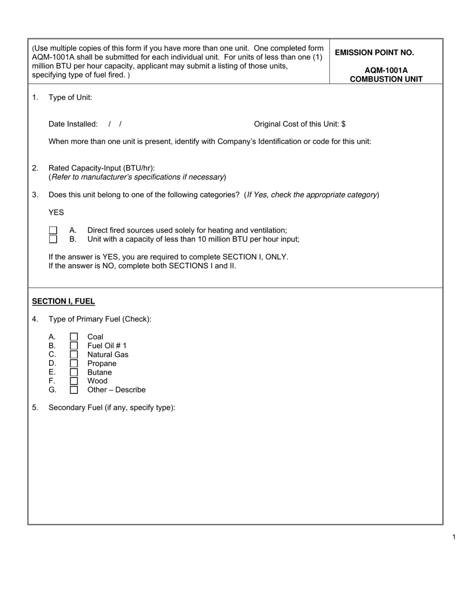 Form AQM-1001A Combustion Unit - Delaware, Page 1