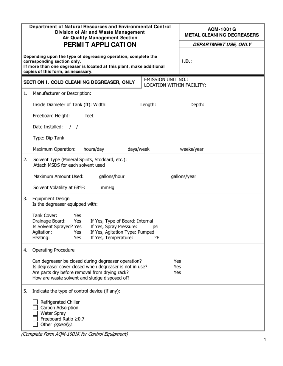 Form AQM-1001G Metal Cleaning Degreasers Permit Application - Delaware, Page 1