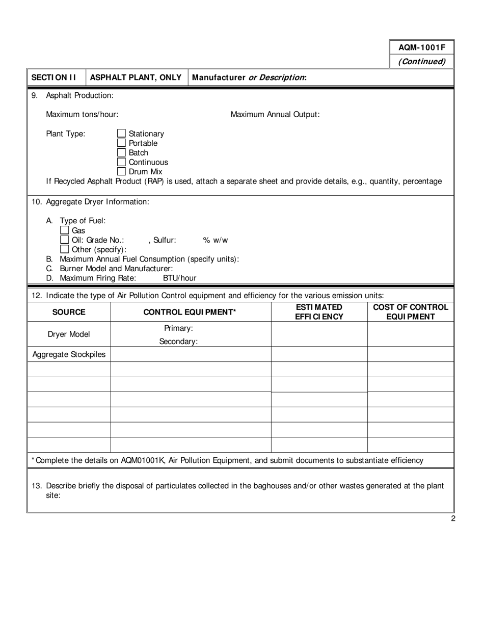 Form AQM-1001F Concrete, Asphalt, Aggregate, Feed, Flour  Grain Permit Application - Delaware, Page 2