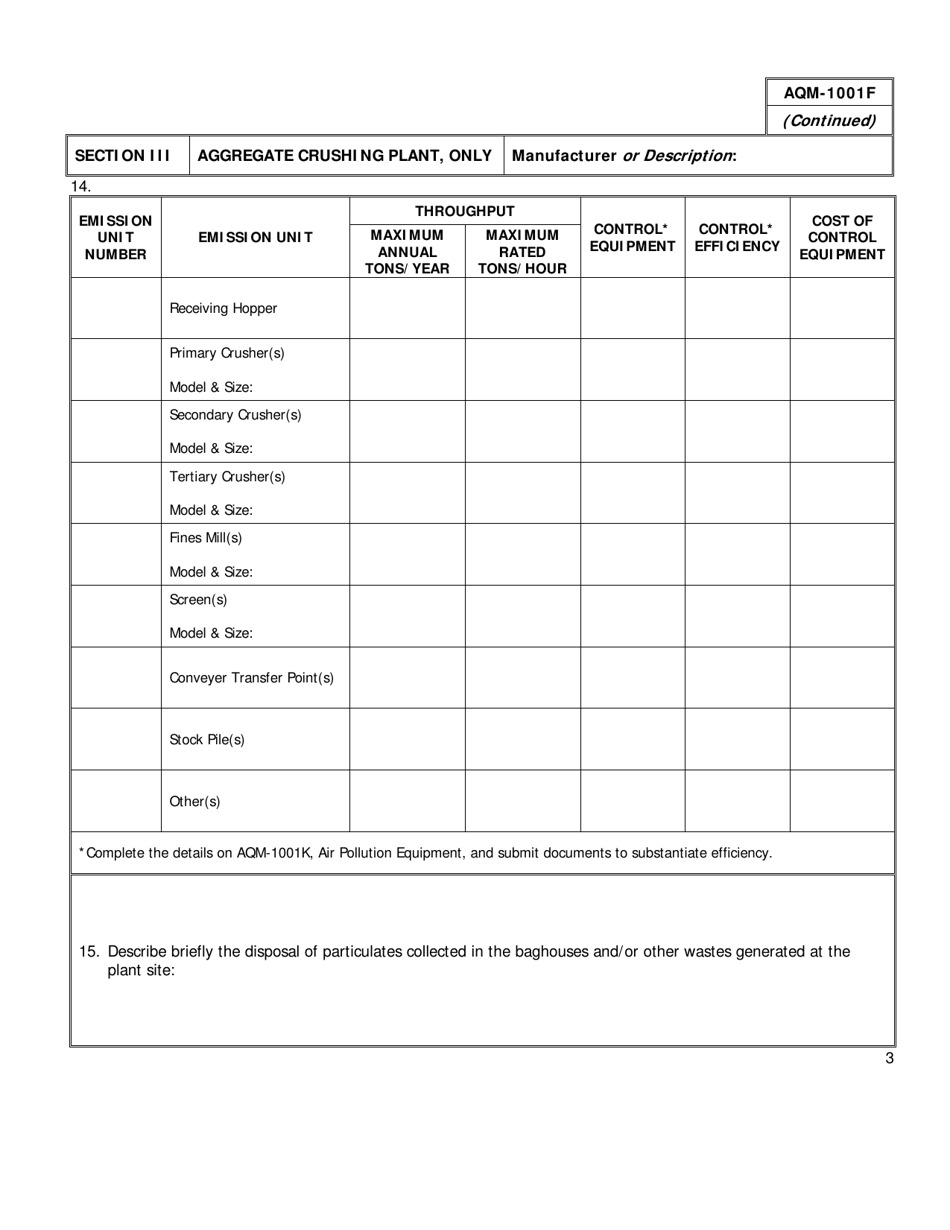 Form AQM-1001F Concrete, Asphalt, Aggregate, Feed, Flour  Grain Permit Application - Delaware, Page 3