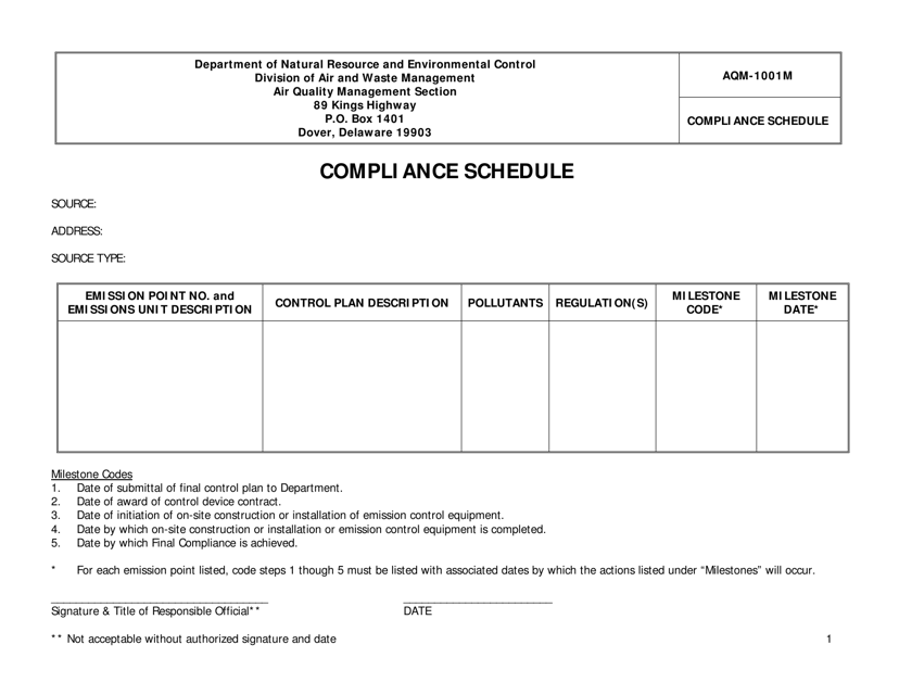 Form AQM-1001M Compliance Schedule - Delaware