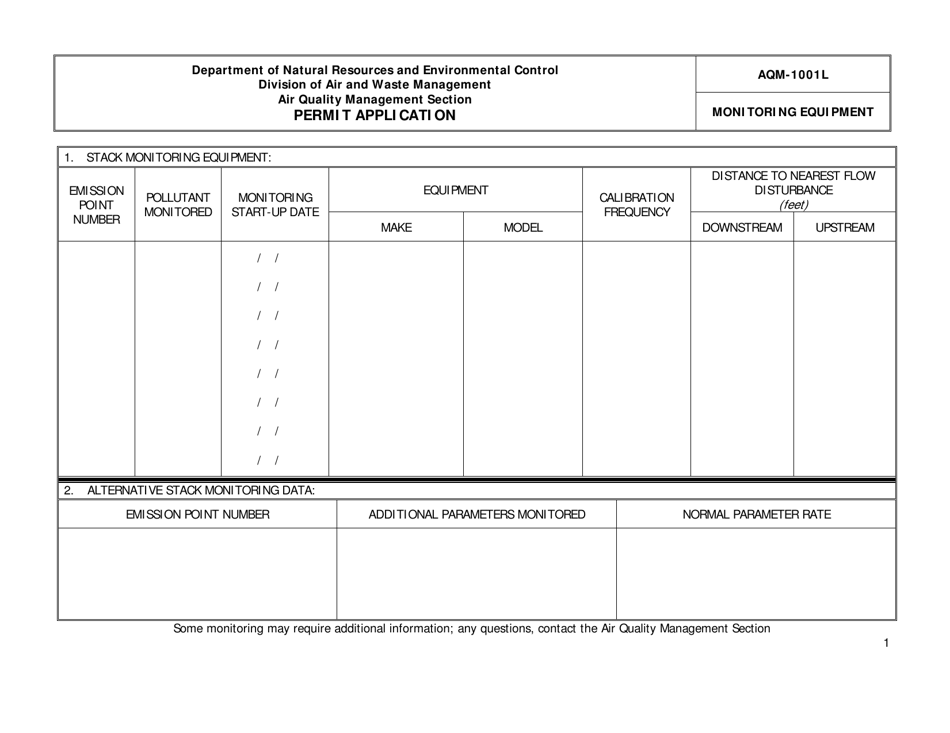Form AQM-1001L Monitoring Equipment Permit Application - Delaware, Page 1