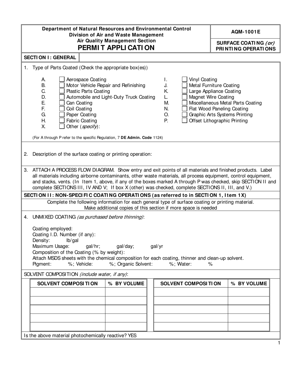 Form AQM-1001E Surface Coating (Or) Printing Operations - Delaware, Page 1