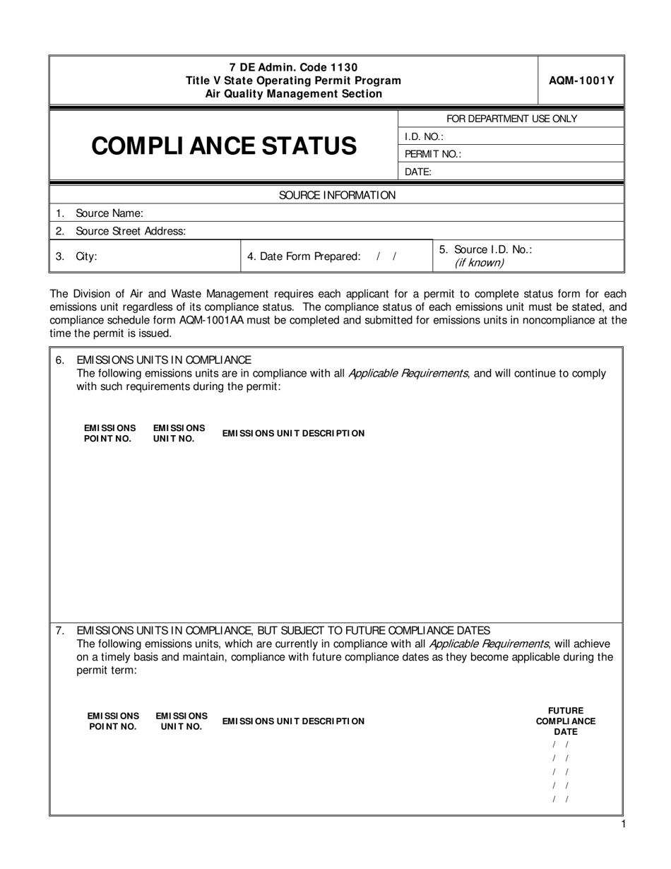 Form AQM-1001Y Compliance Status - Delaware, Page 1