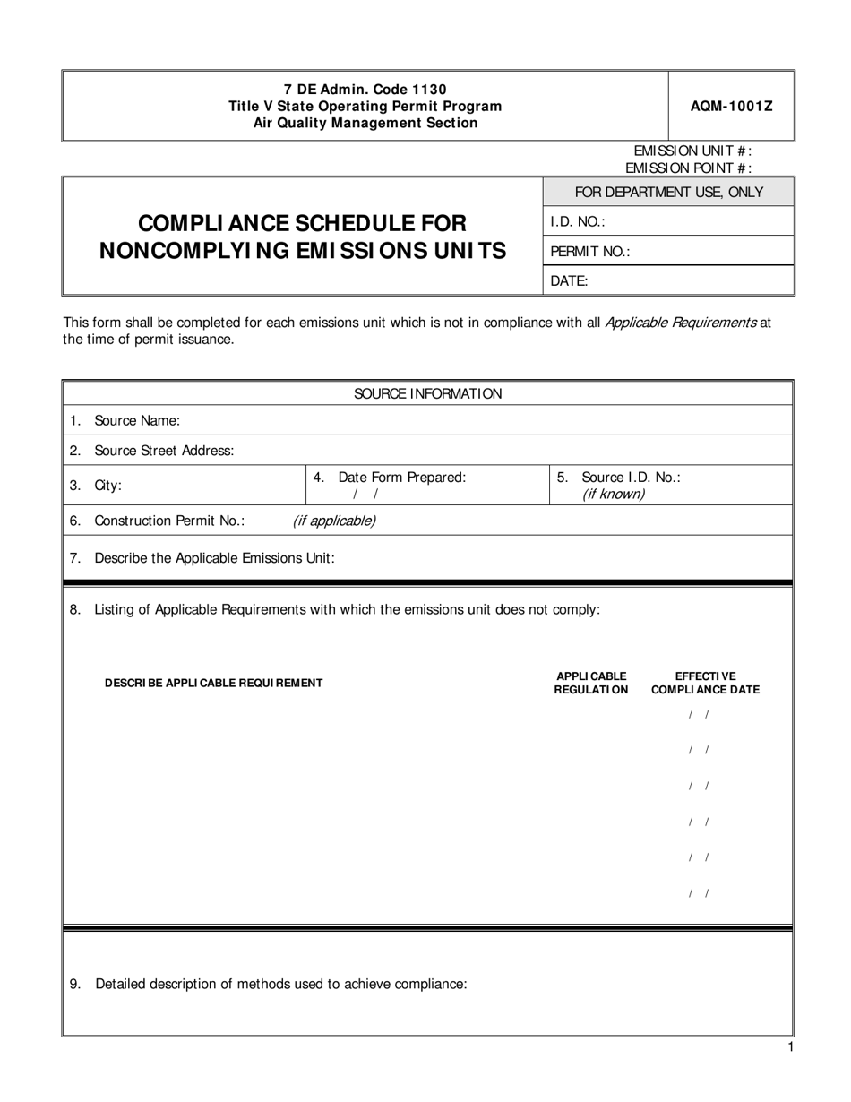 Form AQM-1001Z Compliance Schedule for Noncomplying Emissions Units - Delaware, Page 1
