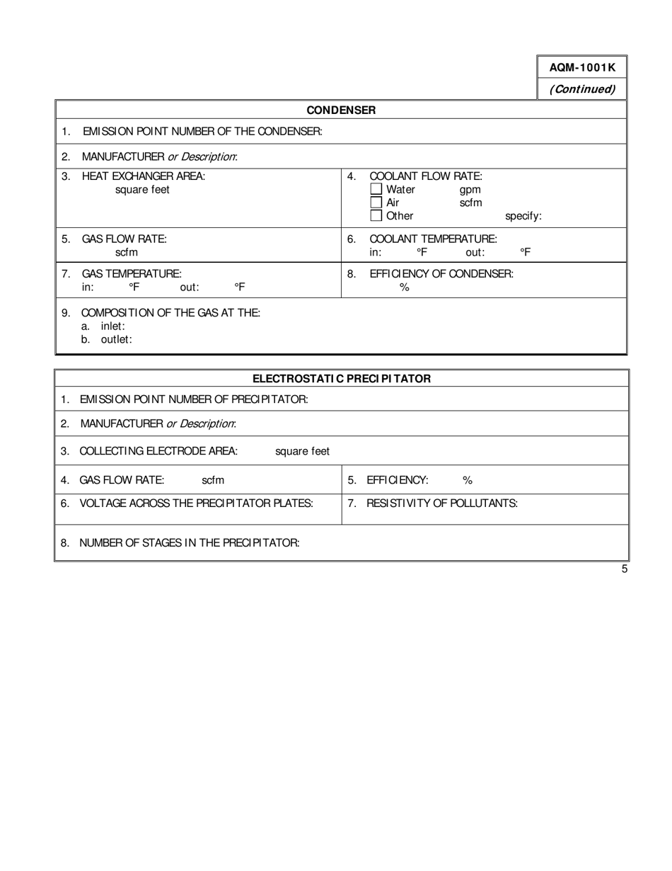 Form AQM-1001K Stack Parameters and Air Pollution Control Equipment - Delaware, Page 5