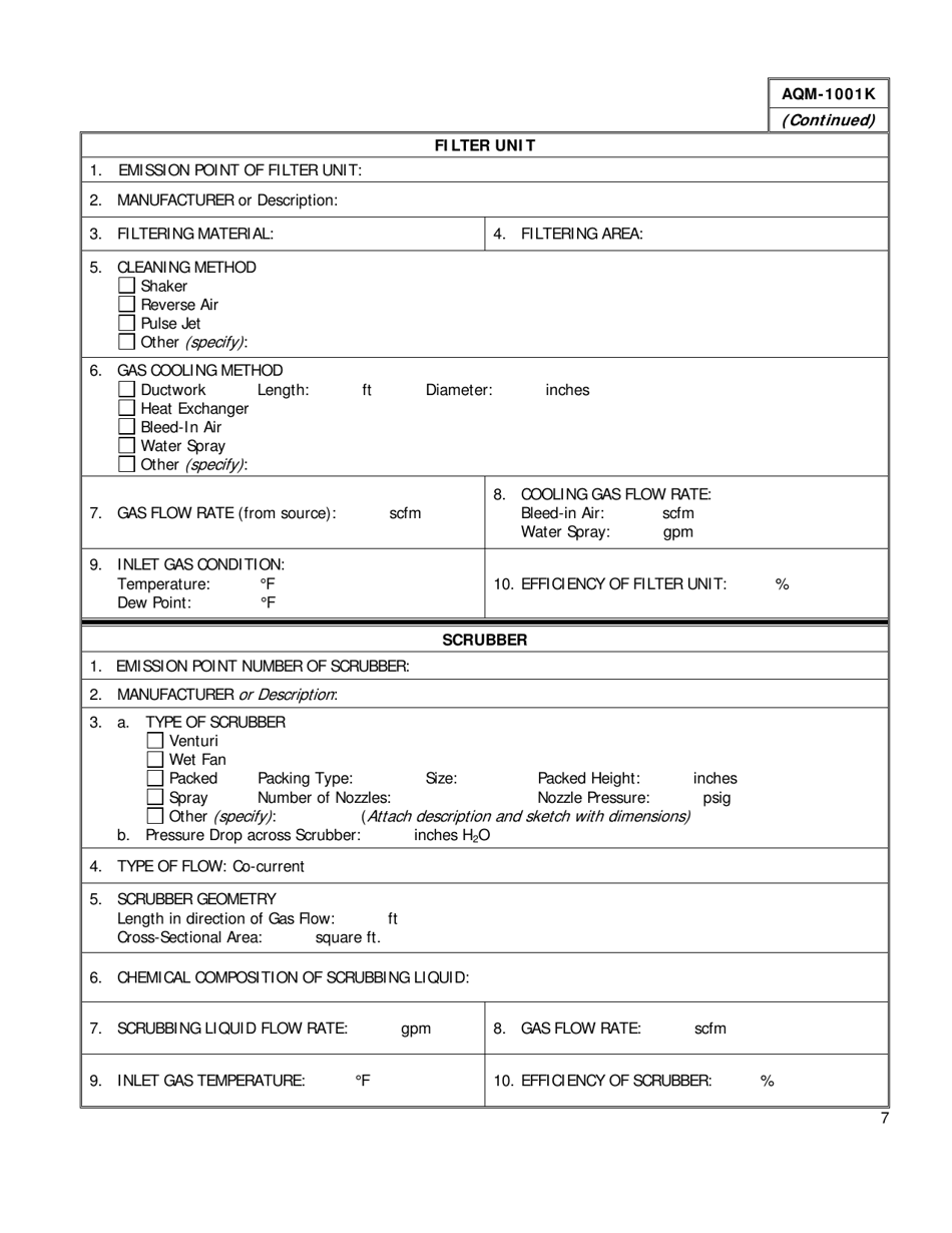 Form AQM-1001K Stack Parameters and Air Pollution Control Equipment - Delaware, Page 7