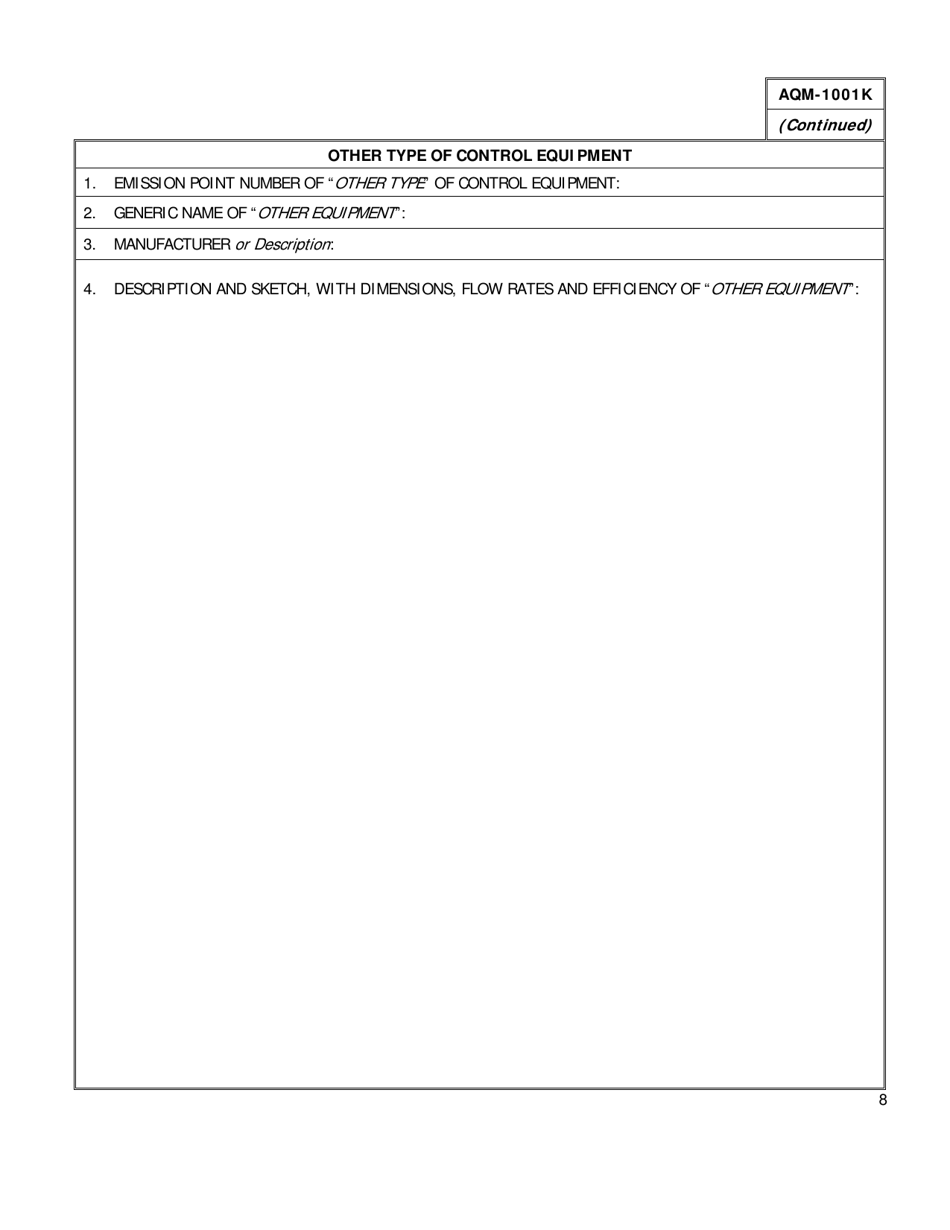 Form AQM-1001K Stack Parameters and Air Pollution Control Equipment - Delaware, Page 8