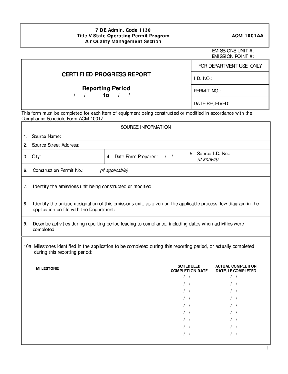 Form AQM-1001AA Certified Progress Report - Delaware, Page 1