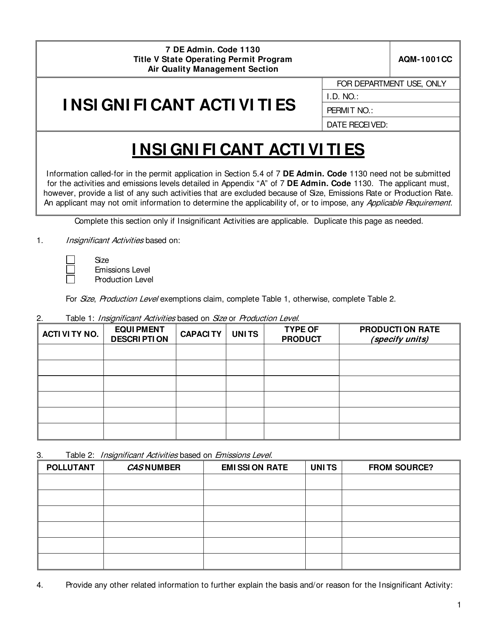 Form AQM-1001CC Insignificant Activities - Delaware