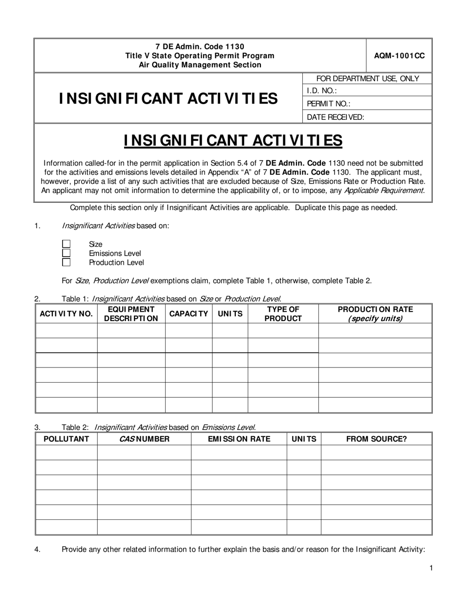 Form AQM-1001CC Insignificant Activities - Delaware, Page 1