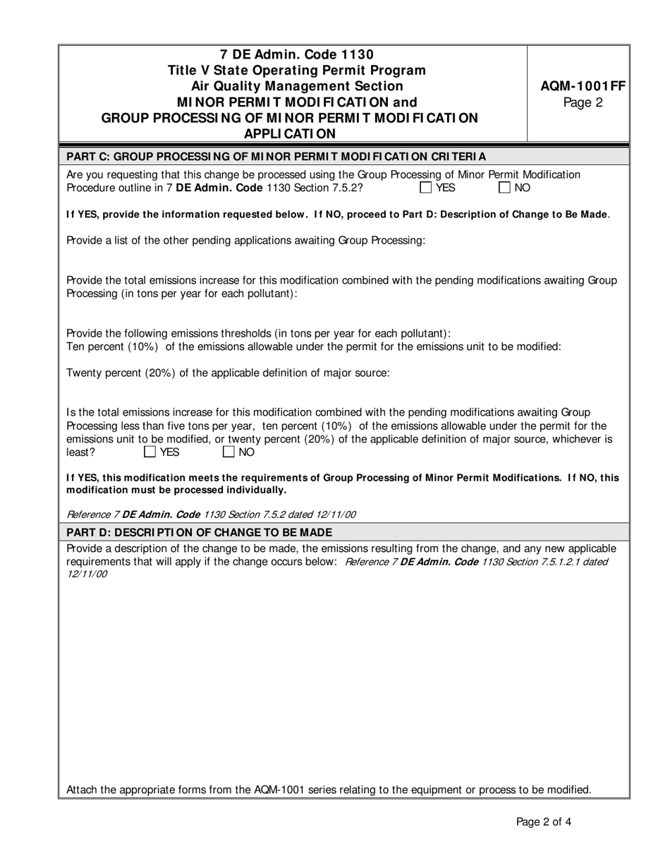 Form AQM-1001FF Minor Permit Modification and Group Processing of Minor Permit Modification Application - Delaware, Page 2