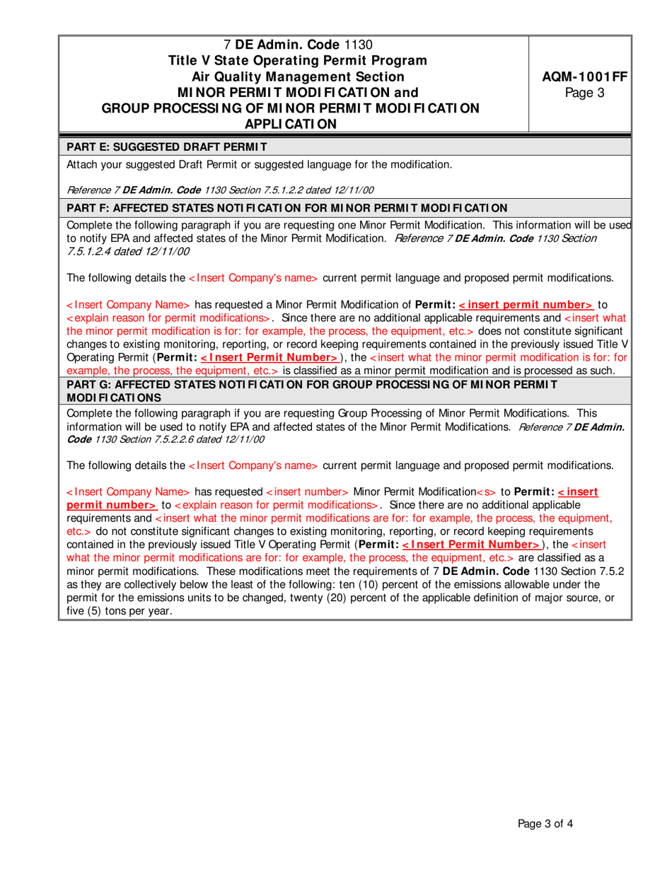 Form AQM-1001FF Minor Permit Modification and Group Processing of Minor Permit Modification Application - Delaware, Page 3