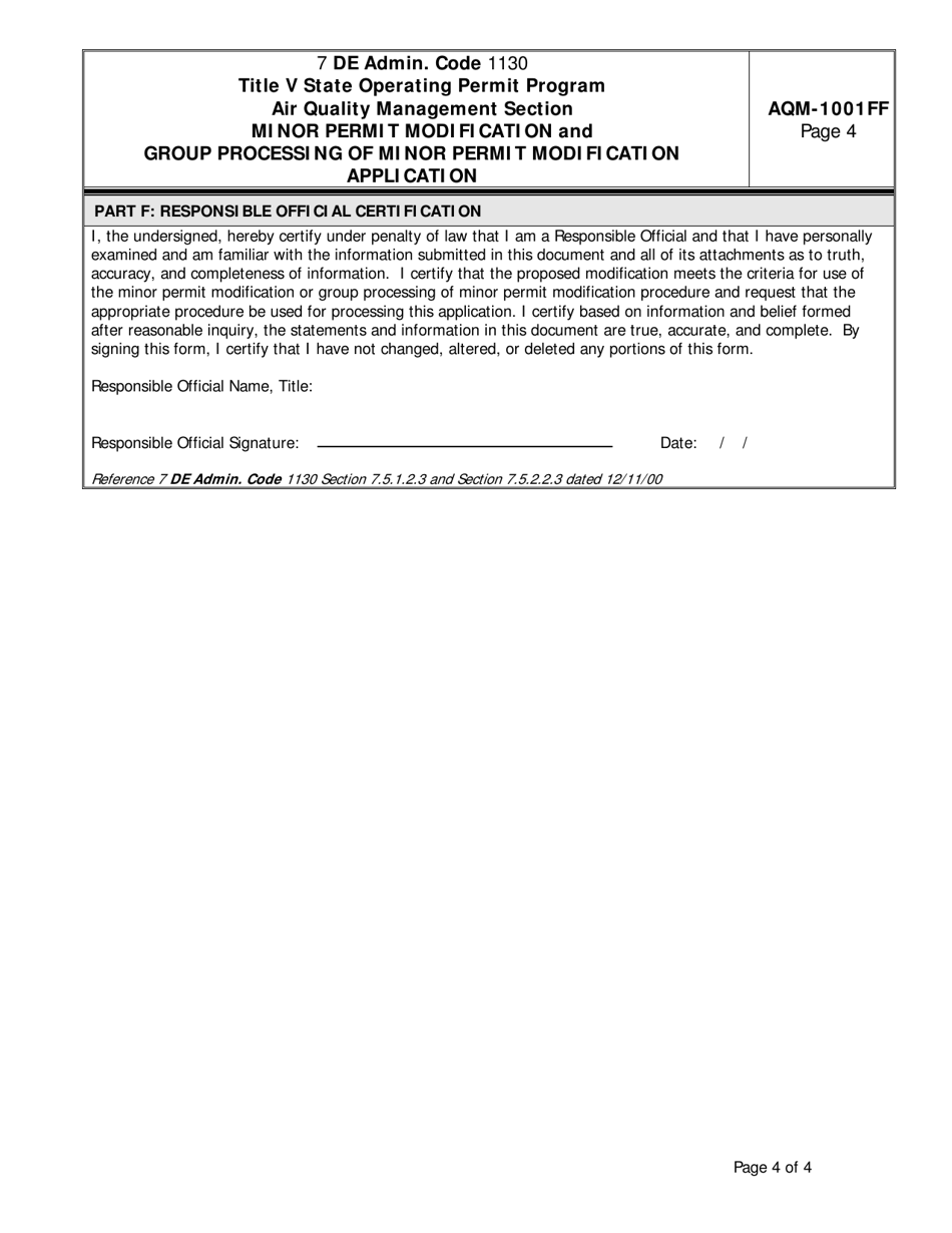 Form AQM-1001FF Minor Permit Modification and Group Processing of Minor Permit Modification Application - Delaware, Page 4