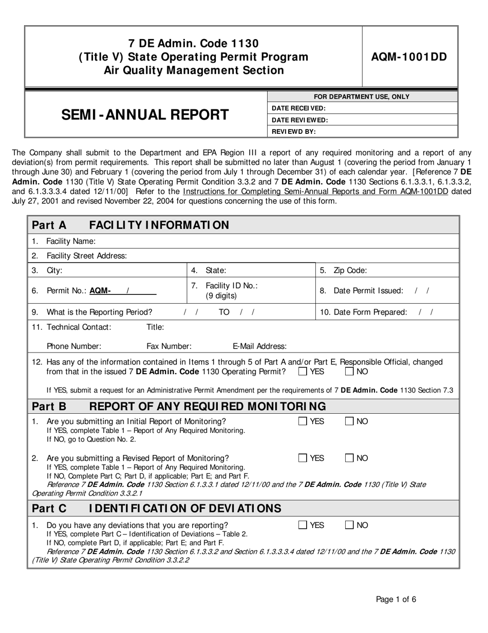 Form AQM-1001DD Semi-annual Report - Delaware, Page 1