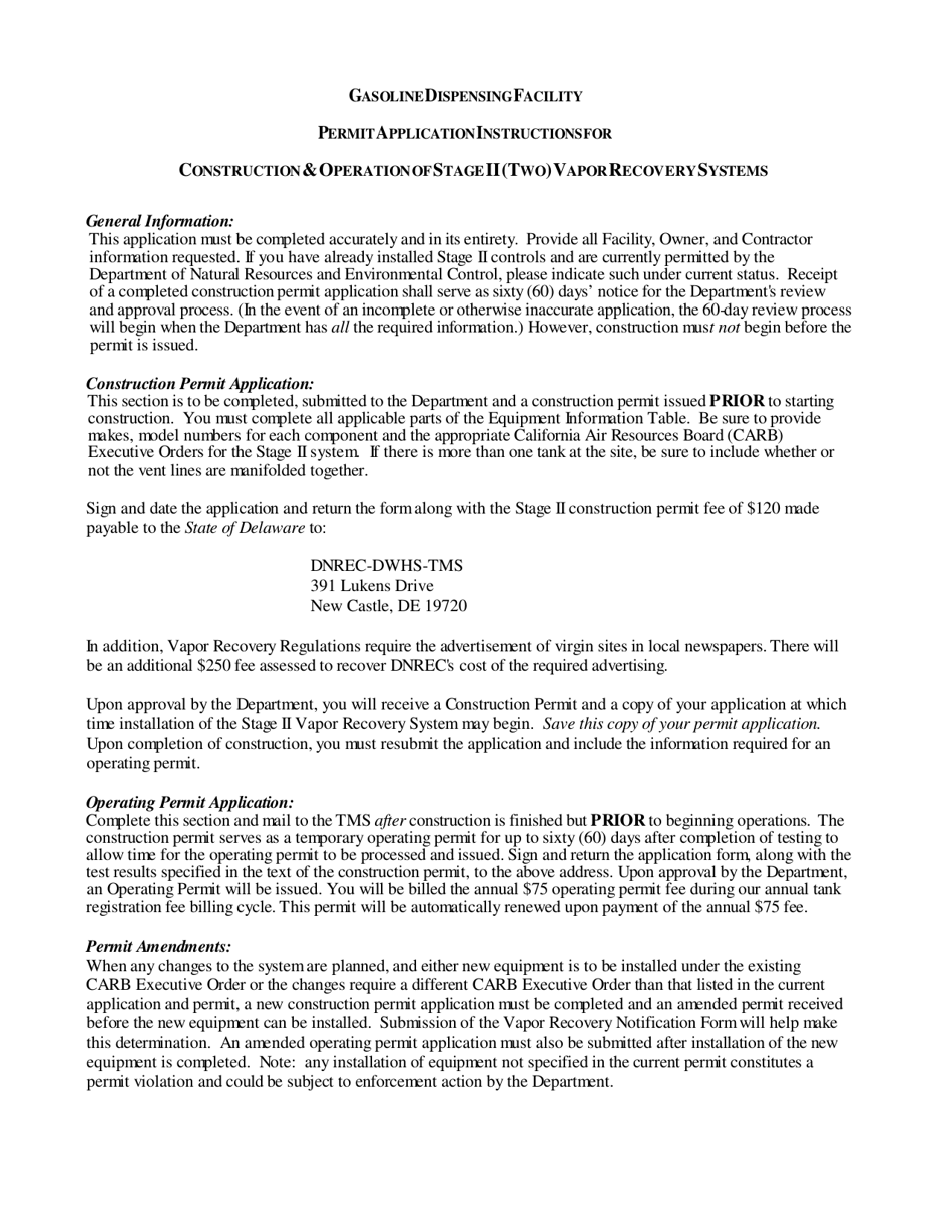 Stage II Vapor Recovery System Construction and Operating Permit Applications - Delaware, Page 1