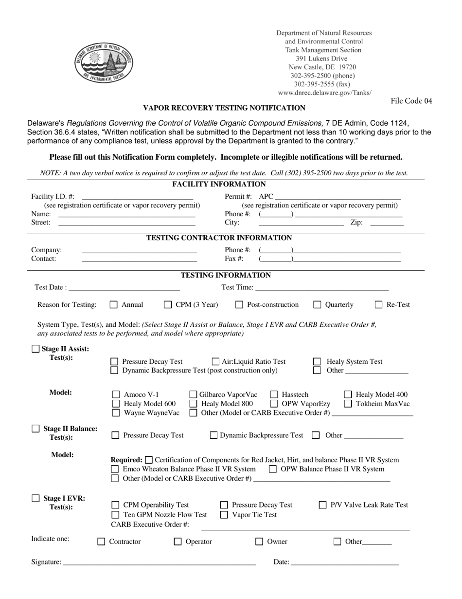 Vapor Recovery Testing Notification Form - Delaware, Page 1