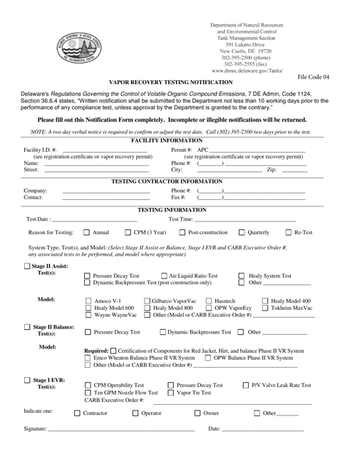 Vapor Recovery Testing Notification Form - Delaware