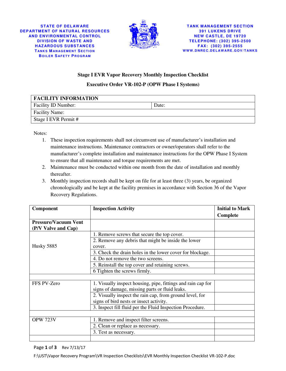 Stage I Evr Vapor Recovery Monthly Inspection Checklist - Delaware, Page 1