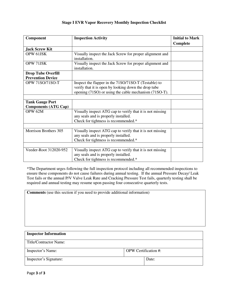 Stage I Evr Vapor Recovery Monthly Inspection Checklist - Delaware, Page 3