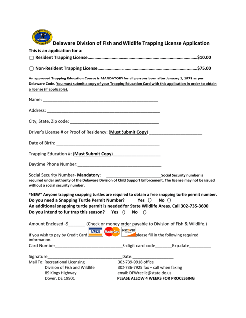 Trapping License Application Form - Delaware Download Pdf