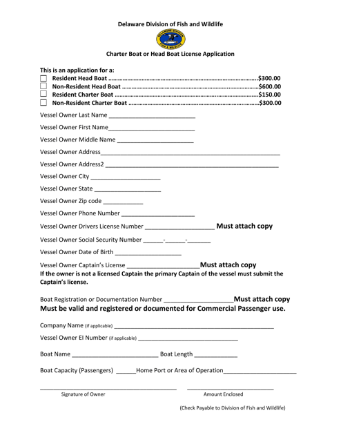 Charter Boat or Head Boat License Application Form - Delaware Download Pdf
