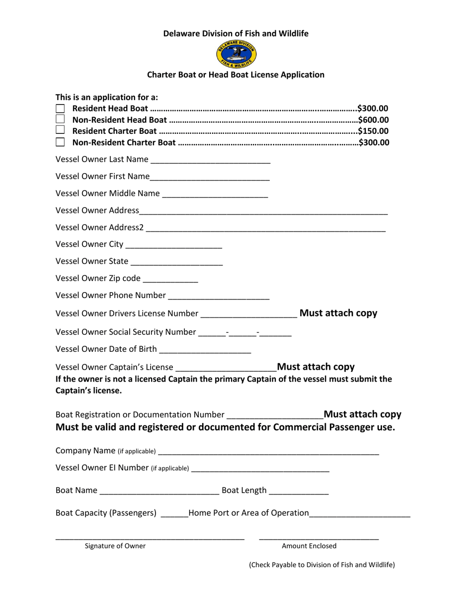 Charter Boat or Head Boat License Application Form - Delaware, Page 1