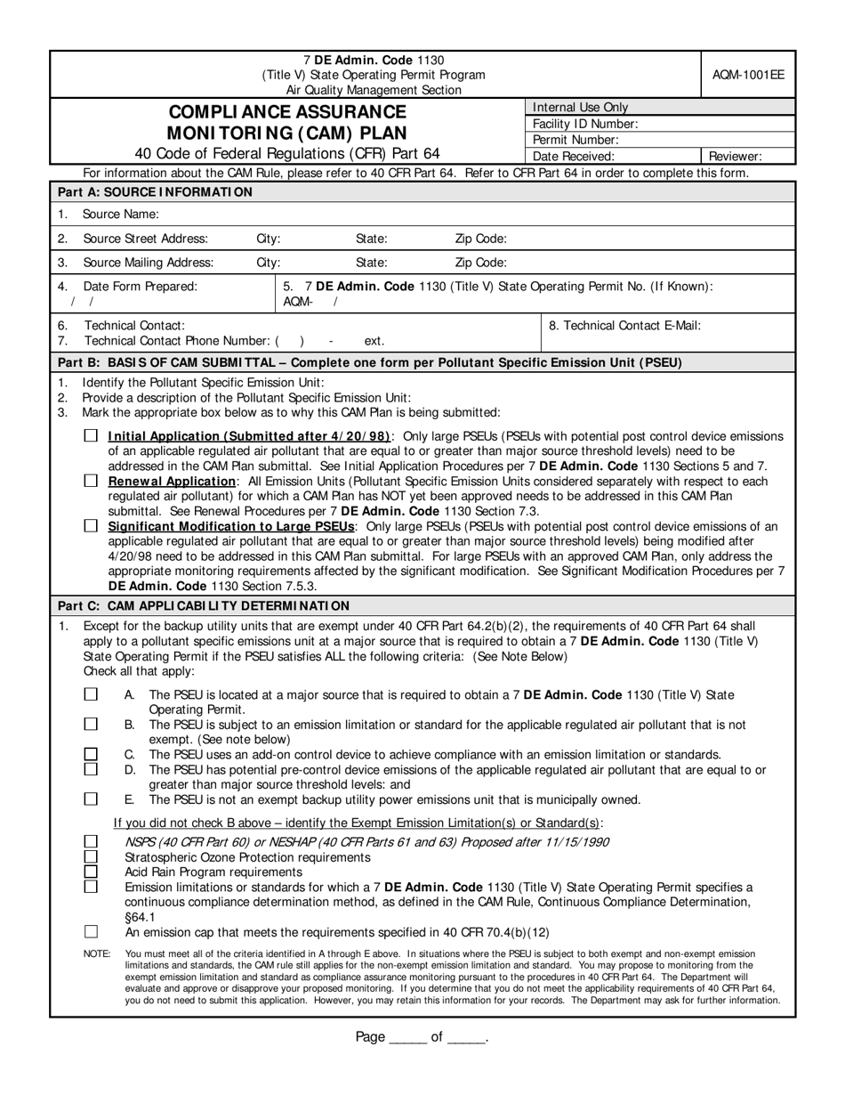 Form AQM-1001EE Compliance Assurance Monitoring (Cam) Plan - Delaware, Page 1