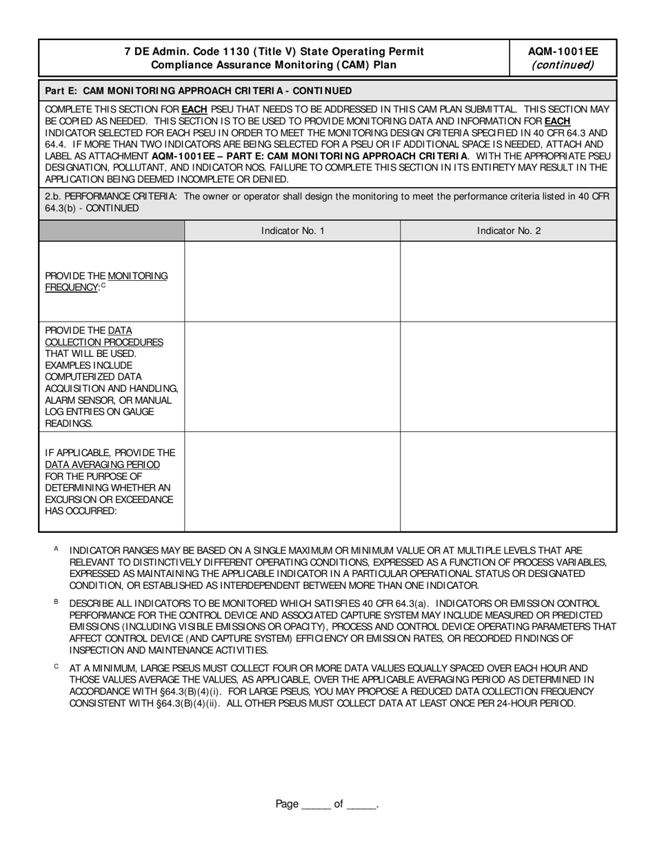 Form AQM-1001EE Compliance Assurance Monitoring (Cam) Plan - Delaware, Page 5