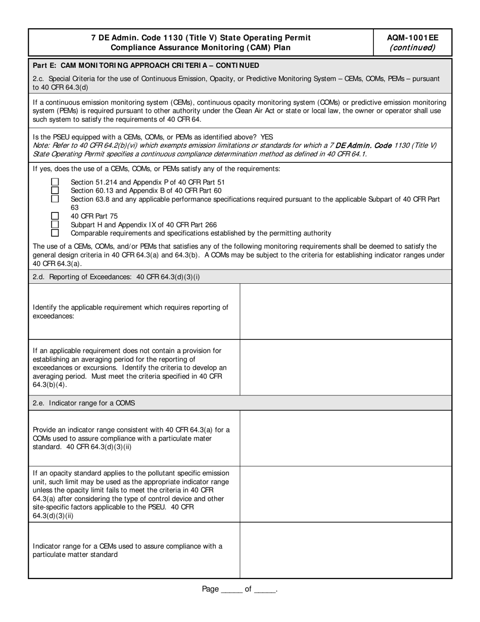Form AQM-1001EE Compliance Assurance Monitoring (Cam) Plan - Delaware, Page 6