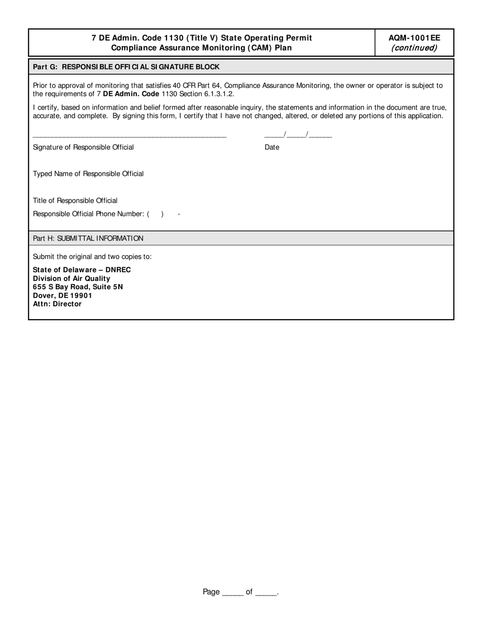 Form AQM-1001EE Compliance Assurance Monitoring (Cam) Plan - Delaware, Page 9