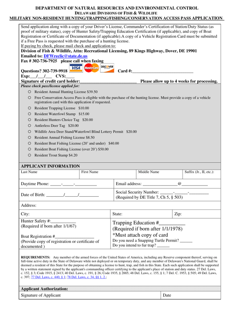 Military Non-resident Hunting/Trapping/Fishing/Conservation Access Pass Application Form - Delaware