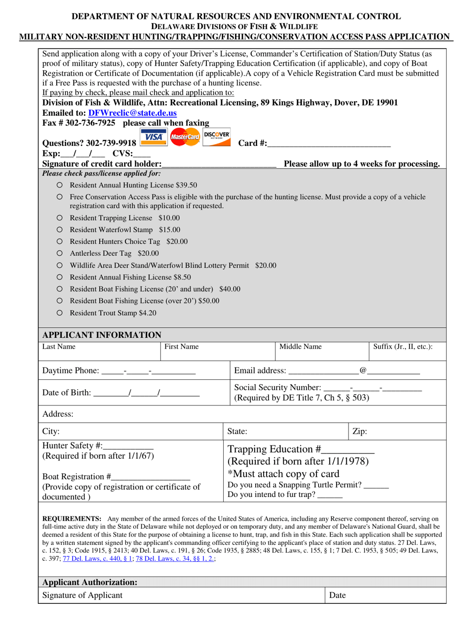 Military Non-resident Hunting / Trapping / Fishing / Conservation Access Pass Application Form - Delaware, Page 1